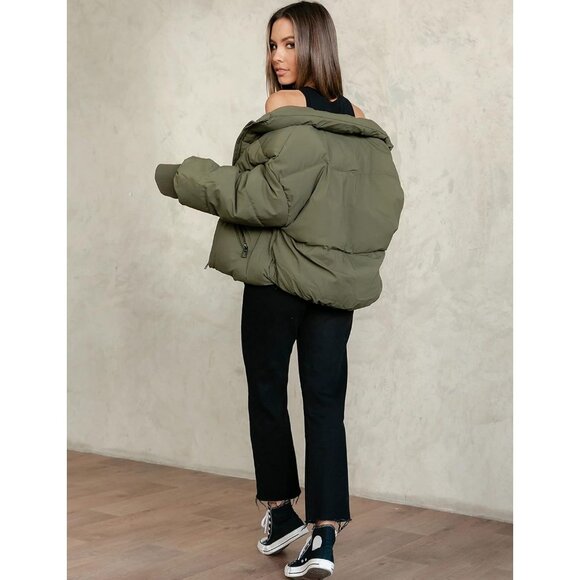Women's Puffer Jacket Oversized Cropped Puffy Quilted Jackets Coat Olive - Picture 4 of 7